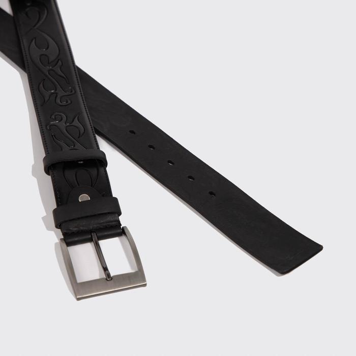 Ремень мужской, тиснение орнамент, пряжка металл, ширина - 4,4 см, цвет чёрный