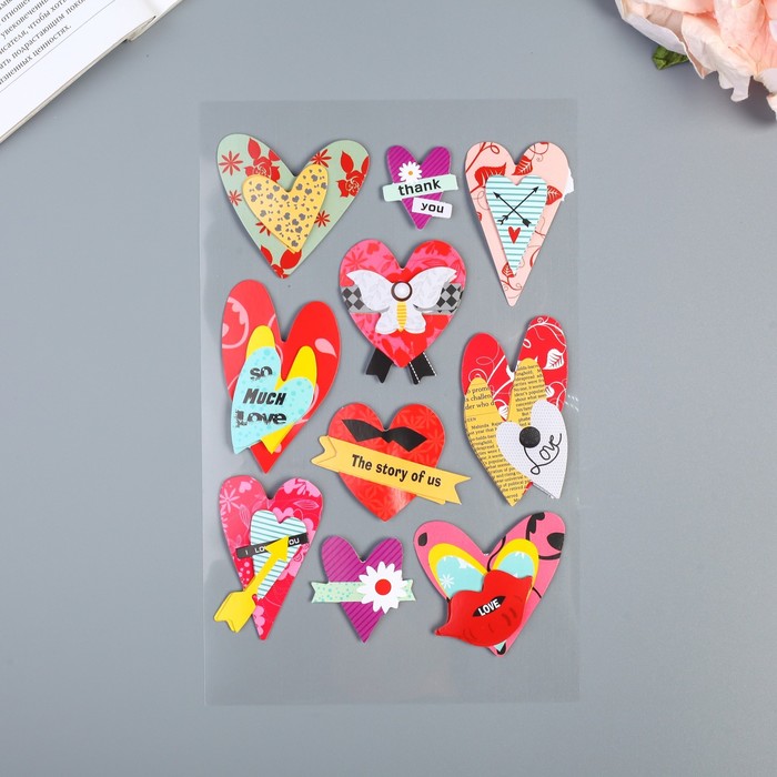 Наклейка картон 3D "Сердечки" 24х13,5 см