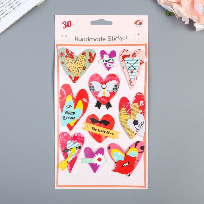 Наклейка картон 3D "Сердечки" 24х13,5 см