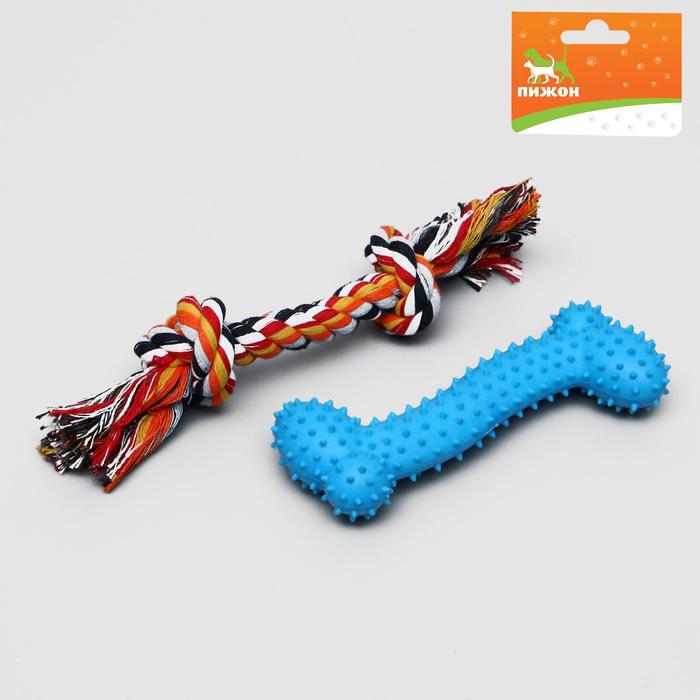 Набор игрушек для средних собак "Кость (16 см) и канат (90-100 г)", микс цветов