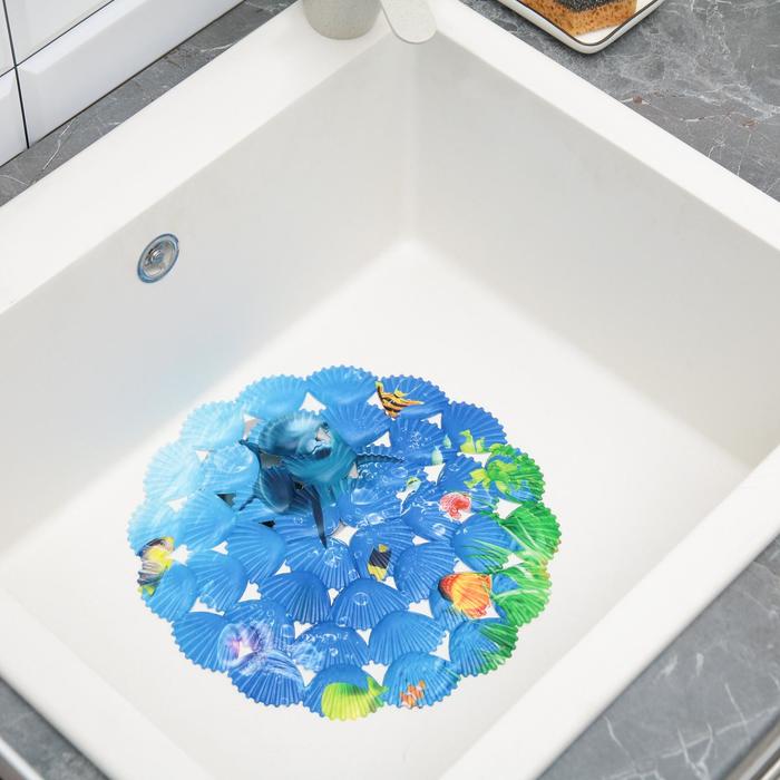 Коврик в раковину "Подводный мир" 29x29 см, круглый