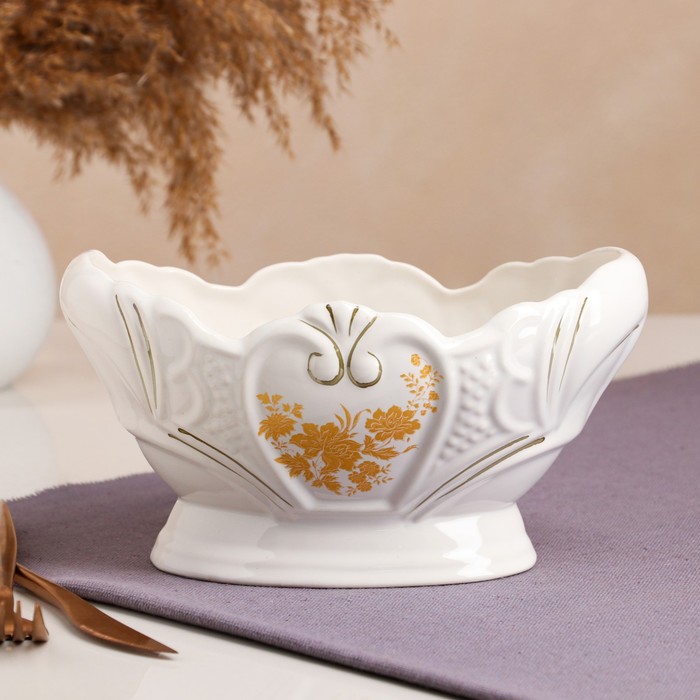 Конфетница "Ладья", белая, золотая ветка