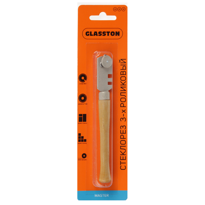 Стеклорез GLASSTON, трехроликовый, ручка дерево