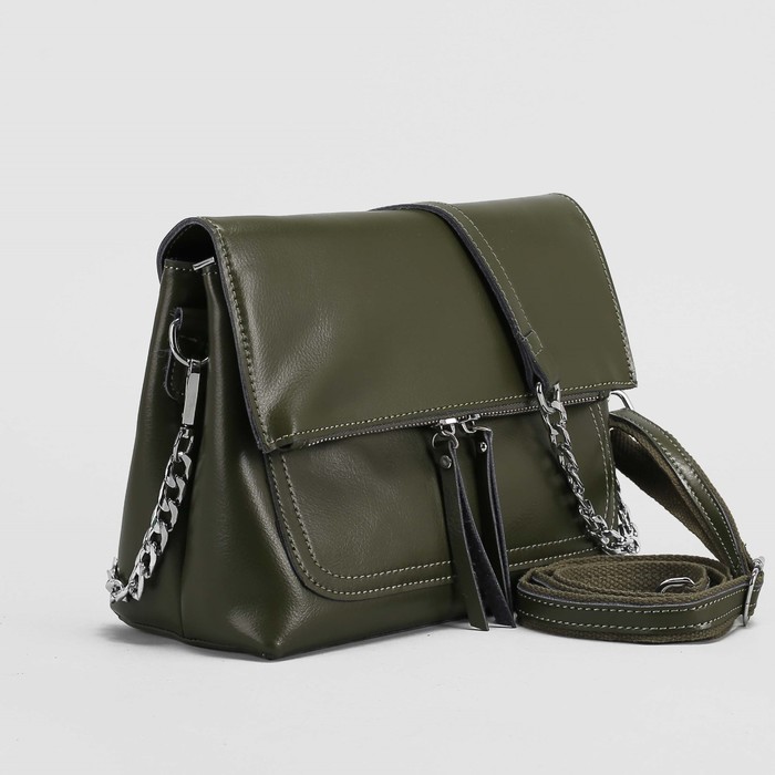 Сумка женская, 2 отдела на молнии, 3 наружных кармана, длинный ремень, цвет оливковый