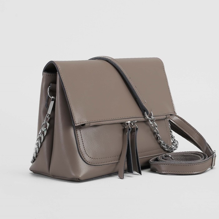 Сумка женская, 2 отдела на молнии, 3 наружных кармана, длинный ремень, цвет серый