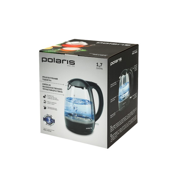 Чайник электрический Polaris PWK1768CGL, 2200 Вт, 1.7 л, чёрный