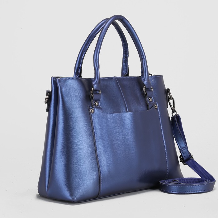 Сумка женская, 2 отдела на молниях, 2 наружных кармана, длинный ремень, синий перламутр