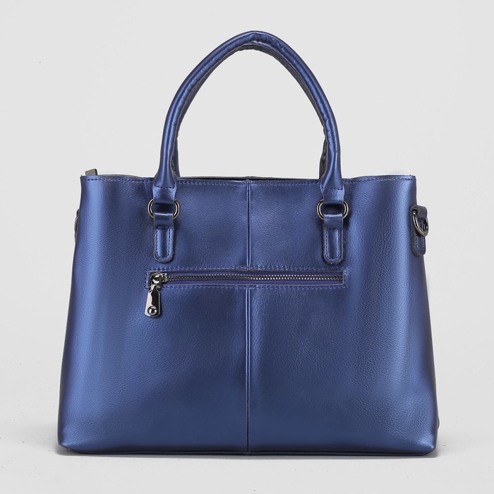 Сумка женская, 2 отдела на молниях, 2 наружных кармана, длинный ремень, синий перламутр