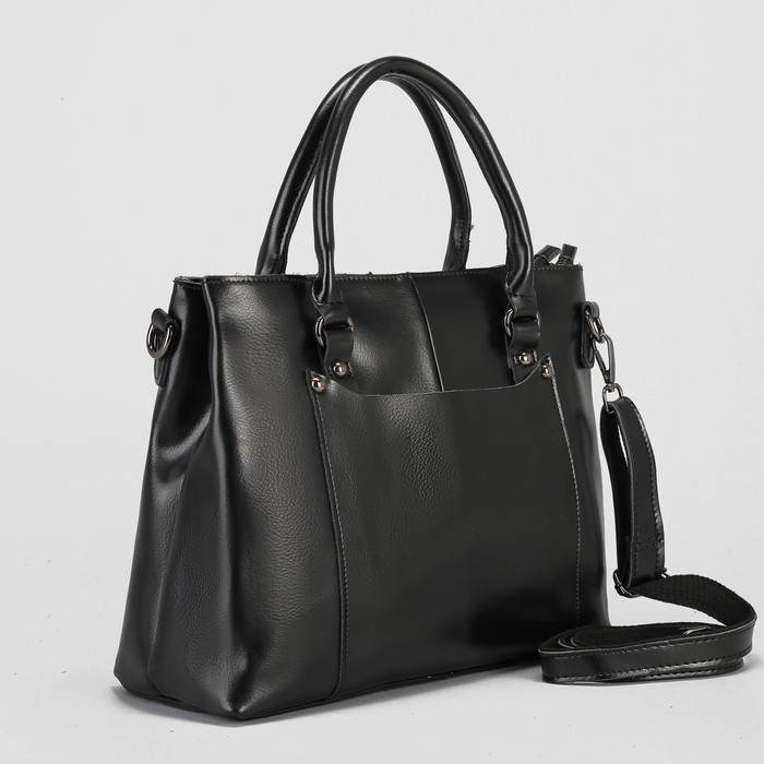 Сумка женская, 2 отдела на молниях, 2 наружных кармана, длинный ремень, цвет чёрный