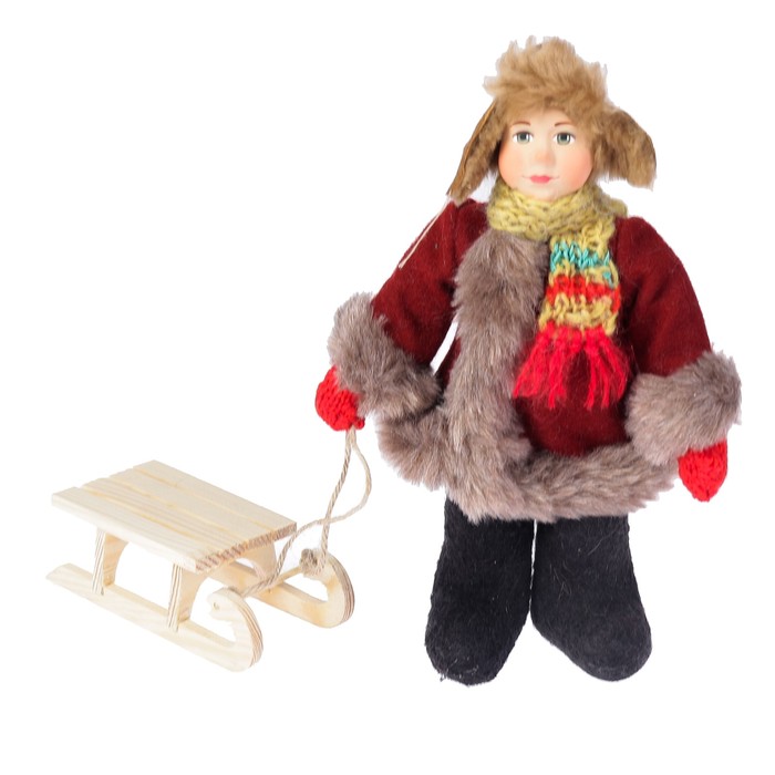 Новогодняя кукла "Мальчик в зимнем костюме с санками" 28 см (А2-16) МИКС
