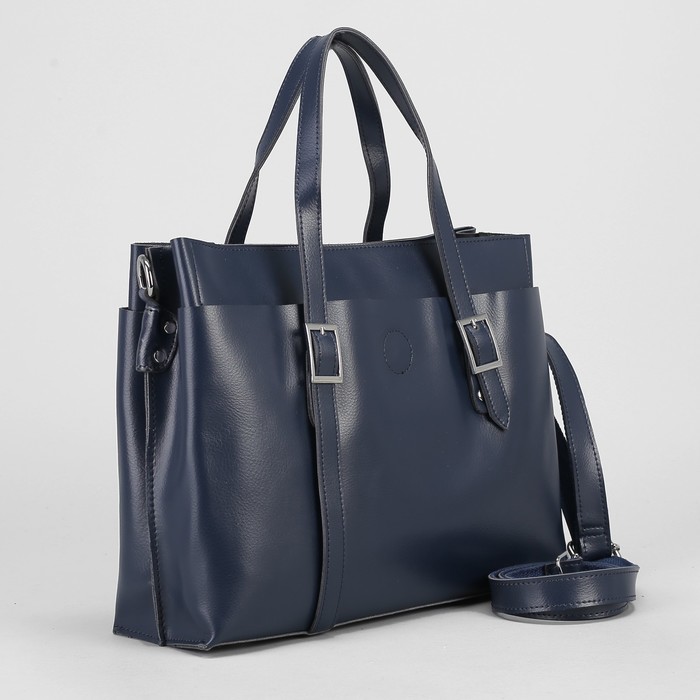 Сумка женская, 2 отдела с перегородкой, 2 наружных кармана, длинный ремень, цвет синий