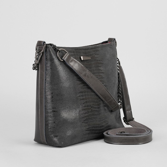 Сумка женская, замша, отдел с перегородкой, наружный карман, длинный ремень, цвет серый