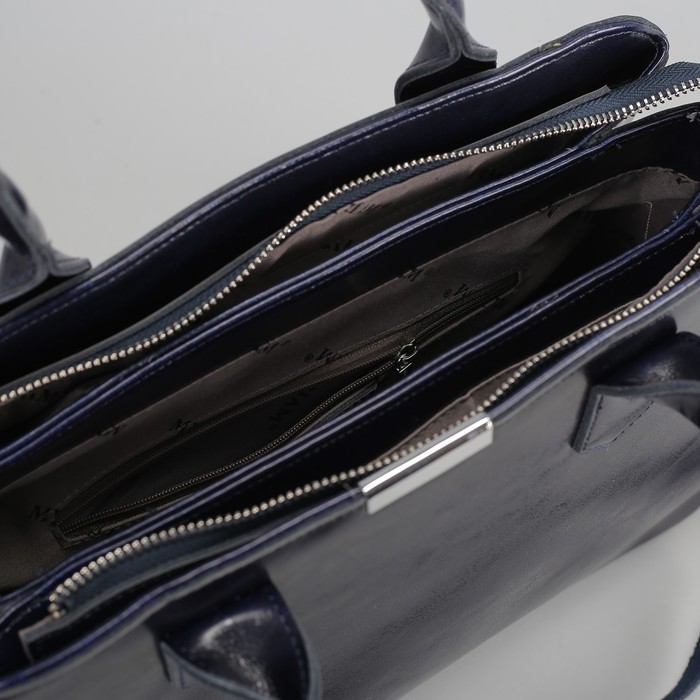 Сумка женская, 3 отдела на молнии, наружный карман, длинный ремень, цвет синий