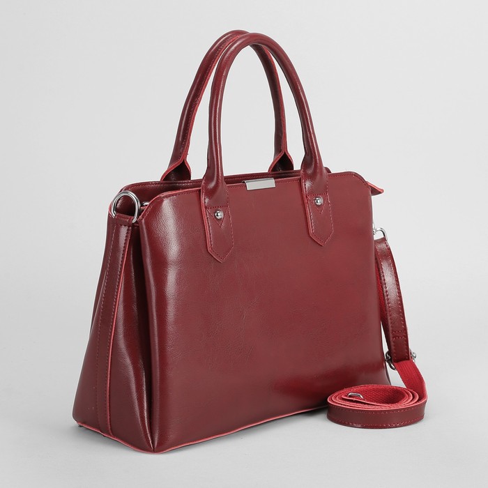 Сумка женская, 3 отдела на молнии, наружный карман, длинный ремень, цвет бордовый