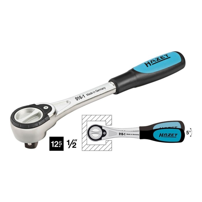 Трещотка HAZET 916-1, реверсивная, 72 зуба, 1/2"