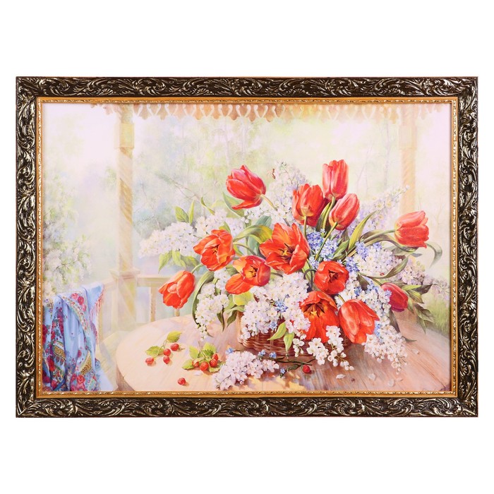 Картина "Тюльпаны с черёмухой" 54*74 см
