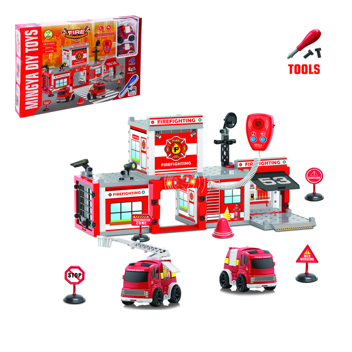 Парковка - конструктор "Пожарная станция", с отверткой и рацией, 2 машины