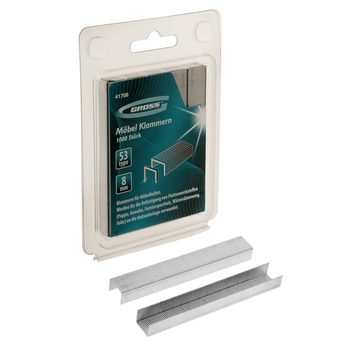 Скобы для мебельного степлера GROSS, 8 мм, тип 53, усиленные, 1000 шт.
