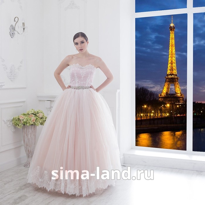Свадебное платье "Алсу-Бенуа мини" пудровое без шлейфа, еврофатин, кружево по низу юбки44-46   28149