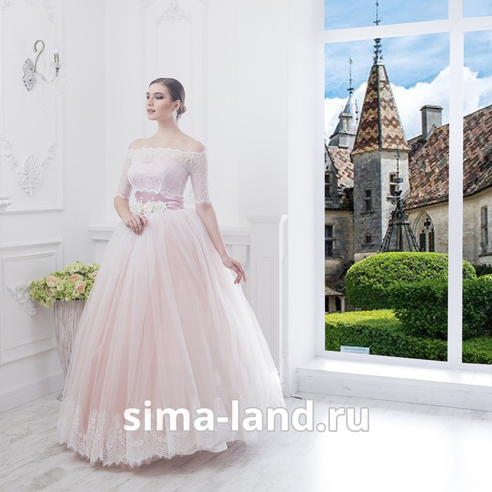Свадебное платье "Алсу"пудровое без шлейфа, еврофатин, кружево по низу юбки, с поясом 46-48   281498