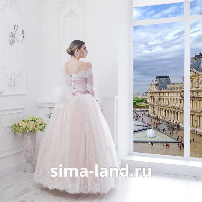 Свадебное платье "Алсу" пудровое без шлейфа, еврофатин, кружево по низу юбки, болеро 44-46