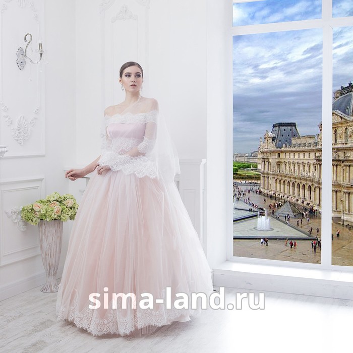 Свадебное платье "Алсу" пудровое без шлейфа, еврофатин, кружево по низу юбки, болеро 46-48