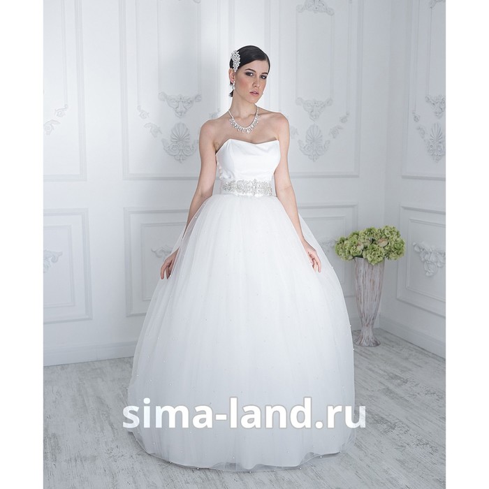 Свадебное платье "Жемчужина" молочное, еврофатин усыпан жемчугом, топ украшен стразами 46-48   28149