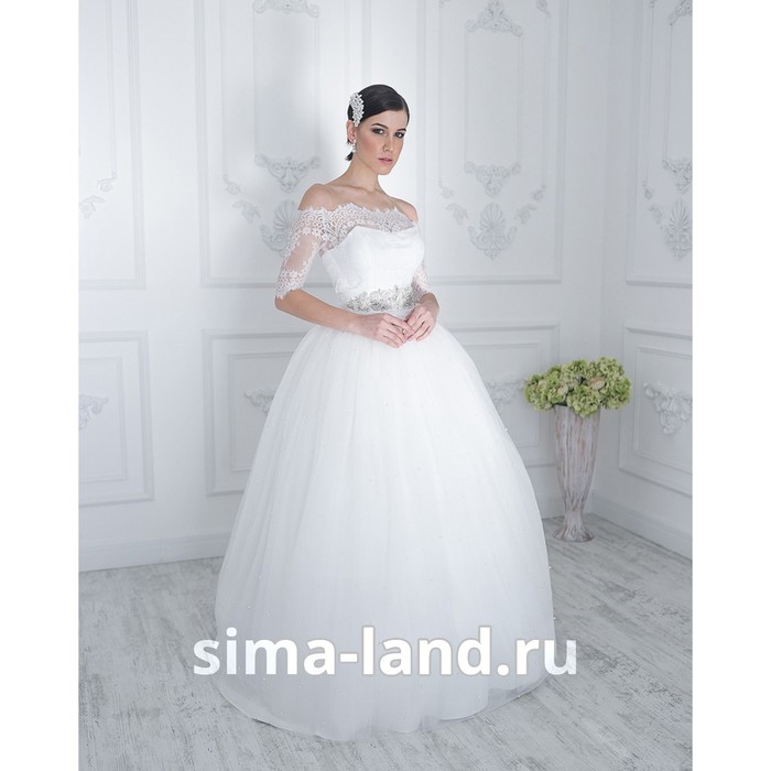 Свадебное платье "Жемчужина" молочное,еврофатин усыпан жемчугом,с поясом и болеро Белла44-46   28149
