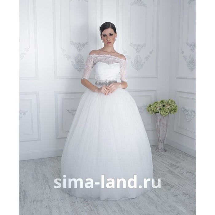 Свадебное платье "Жемчужина" молочное,еврофатин усыпан жемчугом,с поясом и болеро 46-48