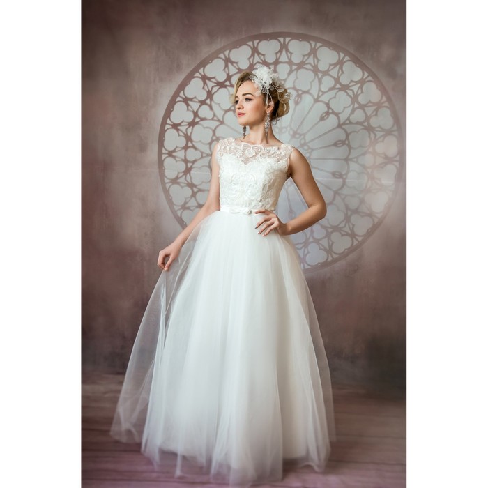 Свадебное платье "Лиза" молочное,еврофатин,бант атлас, маечка расшита бисером,кружево 46-48 281500