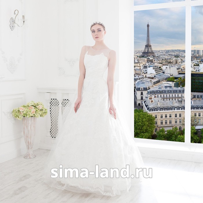 Свадебное  платье "Эрика" , молочное, кружевное, расшито микро-пайетками 44-46