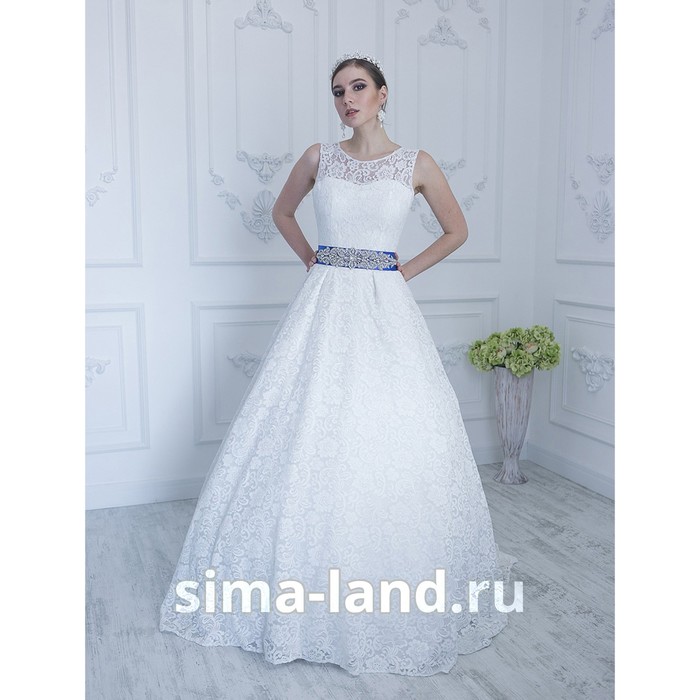 Свадебное платье "Виктория премиум" кружевное с вырезом на спине и поясом.молочное 46-48