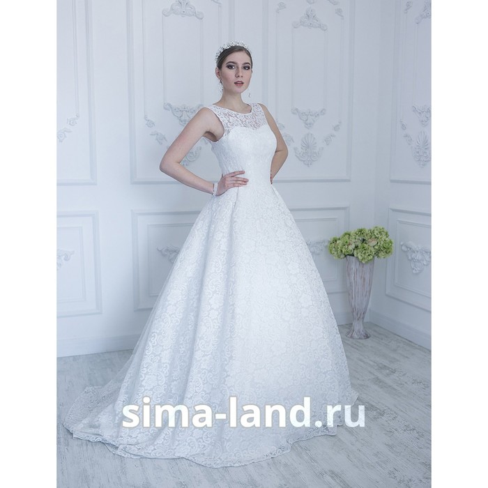 Свадебное платье "Виктория премиум" кружевное с вырезом на спине и пояс . молочное 44-46