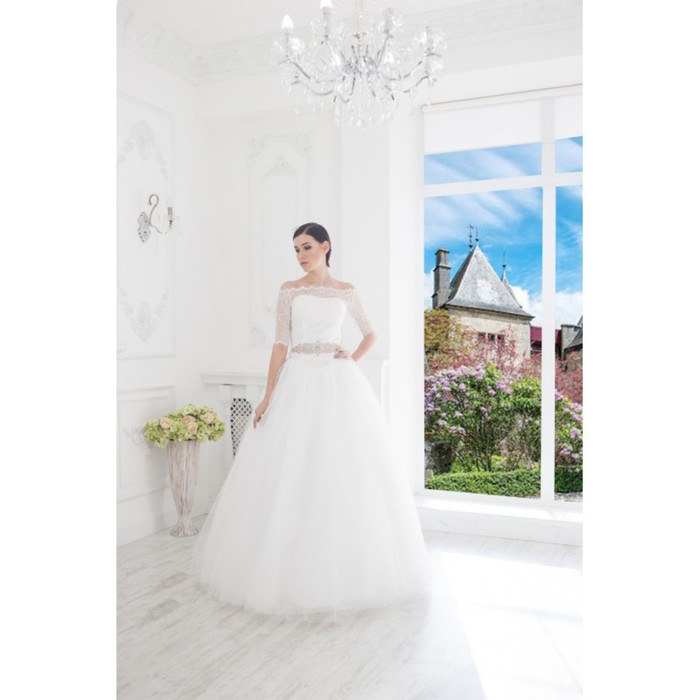 Свадебное платье "Джульетта-Бенуа"с поясом из страз,гипюровый корсет и болеро,молочное 42-44   28150