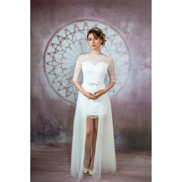 Свадебное платье "Шерр" с фатиновой юбкой с разрезом и бантом на поясе,белое/молочное 44-46   281503