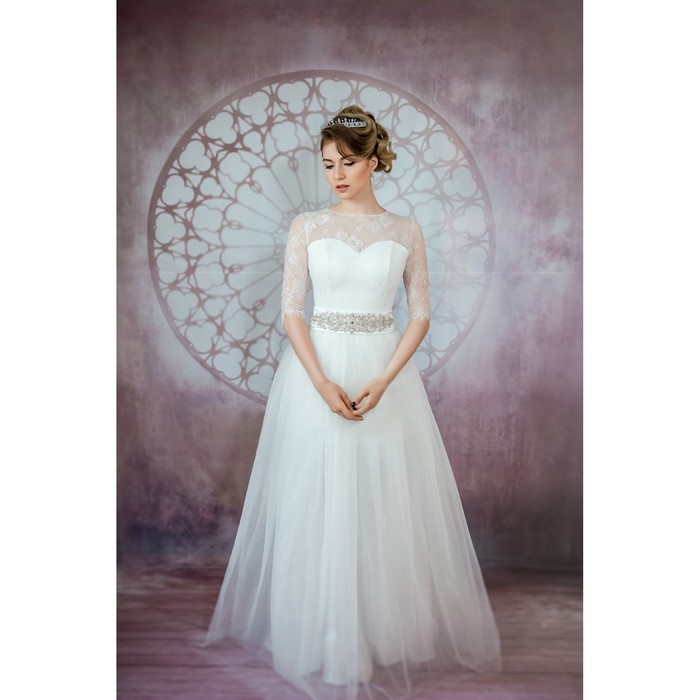 Свадебное платье "Шерр" со съемной фатиновой юбкой и поясом со стразами. Белое/Молочное44-46   28150