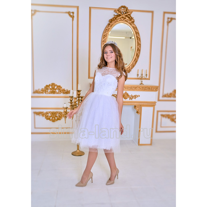 Свадебное платье "Джона" белое,кружевной корсет,пышная фатин.юбка+фатин с микропаеткой 42-44   28150