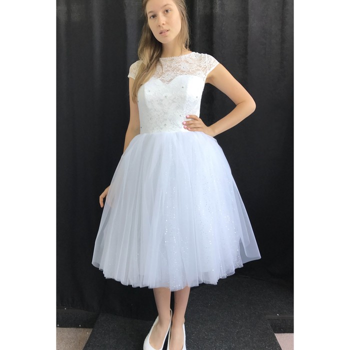 Свадебное платье "Джона" белое,кружевной корсет,пышная фатин.юбка+фатин с микропаеткой 44-46   28150