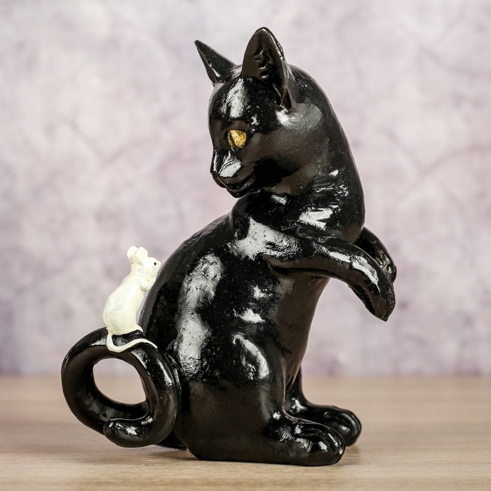 Сувенир "Кот с мышкой", черный 10х12х14см