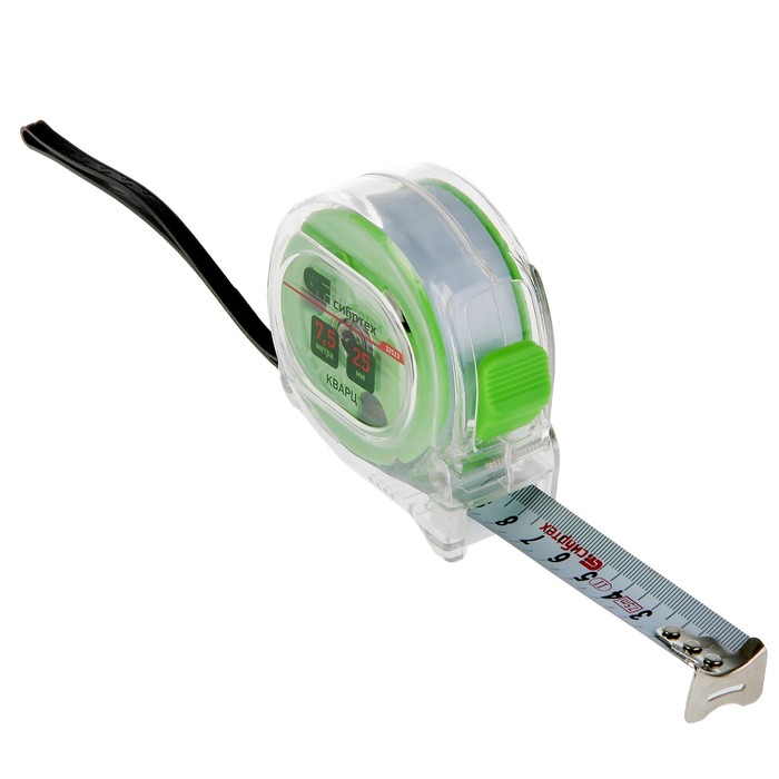 Рулетка "СИБРТЕХ" Кварц, 7.5 м х 25 мм, прозрачный корпус, амортизатор
