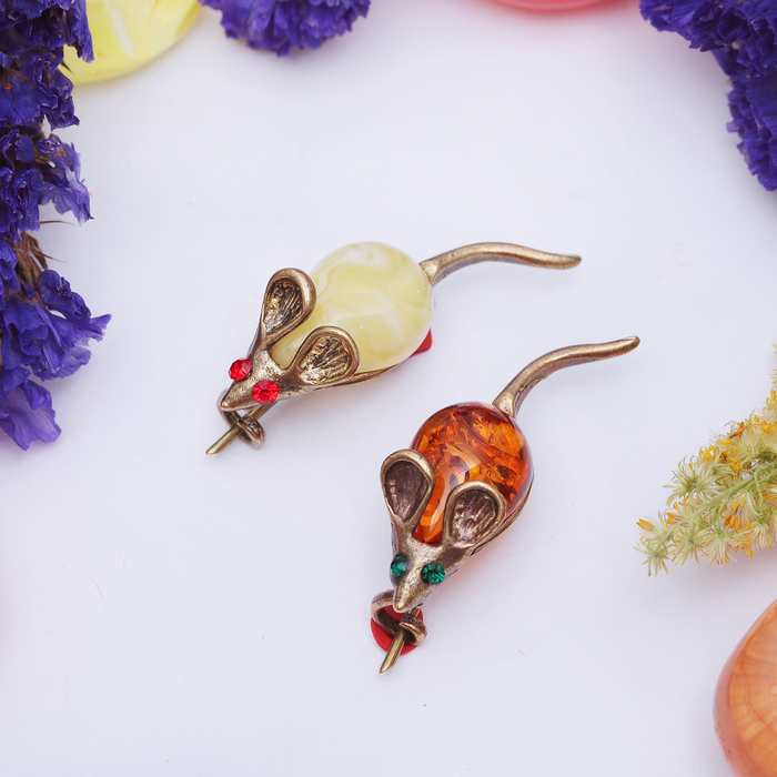 Брошь "Янтарь" мышь, цвет МИКС в бронзе