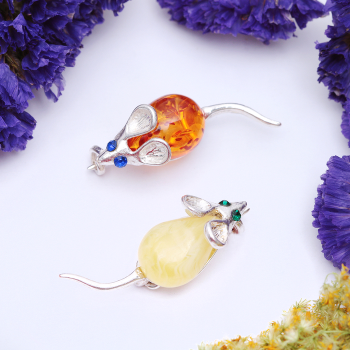 Брошь "Янтарь" мышь, цвет МИКС в посеребрении