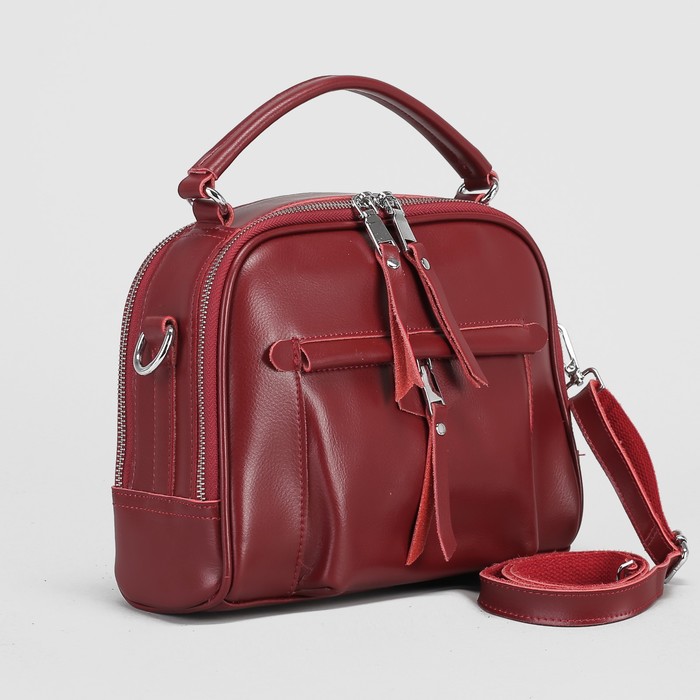 Сумка женская, 2 отдела на молниях, 2 наружных кармана, длинный ремень, цвет бордовый