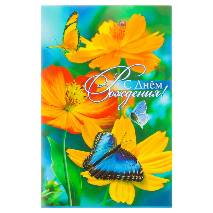 Открытка сложно-техническая "С Днем Рождения!" цветы, бабочки, А5