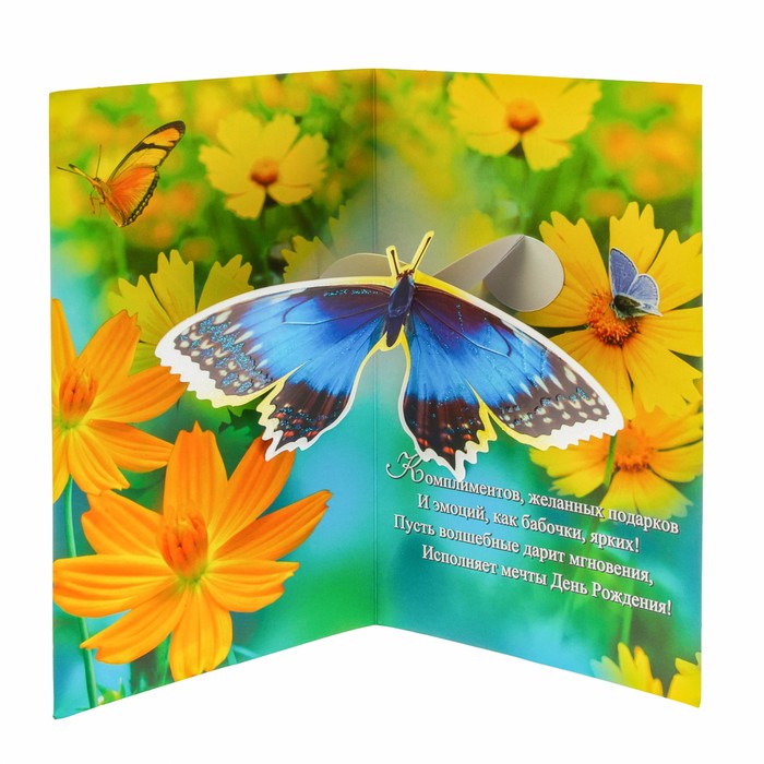 Открытка сложно-техническая "С Днем Рождения!" цветы, бабочки, А5