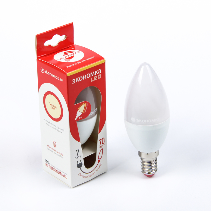 Лампа светодиодная ЭКОНОМКА, Е14, 7 Вт, 230 В, 3000 K, теплый белый, "свеча"