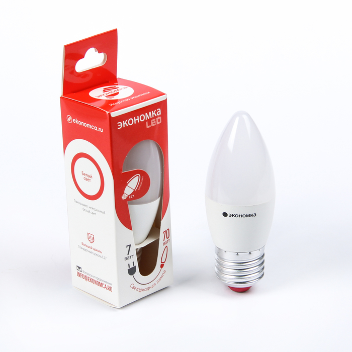 Лампа светодиодная ЭКОНОМКА, Е27, 7 Вт, 230 В, 4500 K,  белый, "свеча"