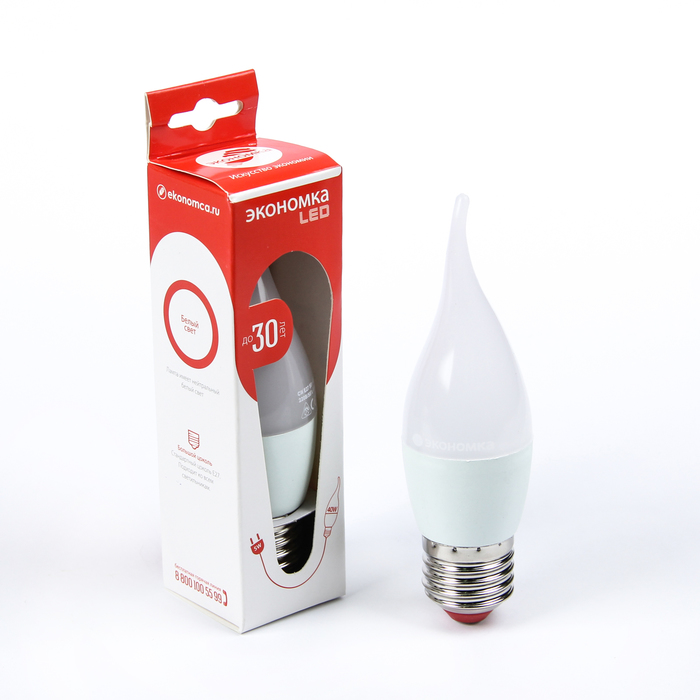 Лампа светодиодная ЭКОНОМКА, Е27, 5 Вт, 230 В, 4500 K,  белый, "свеча на ветру"