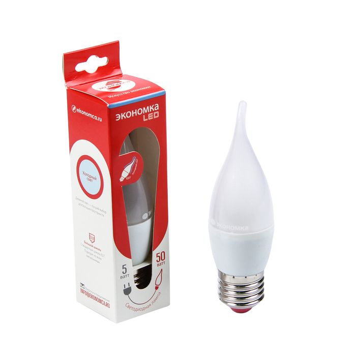 Лампа светодиодная ЭКОНОМКА, Е27, 5 Вт, 230 В, 6500 K, холодный свет, "свеча на ветру"