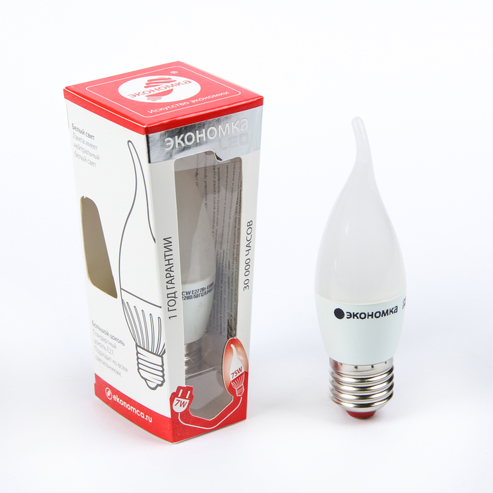 Лампа светодиодная ЭКОНОМКА, Е27, 7 Вт, 230 В, 4500 K,  белый, "свеча на ветру"